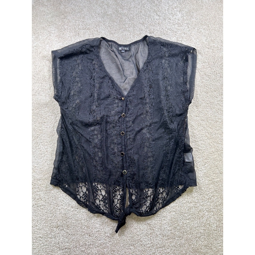 C.O.C‎ 1Xl Black Sheer Lace Front Blouse Tie Waist Witchy Whimsigoth Grunge Boho